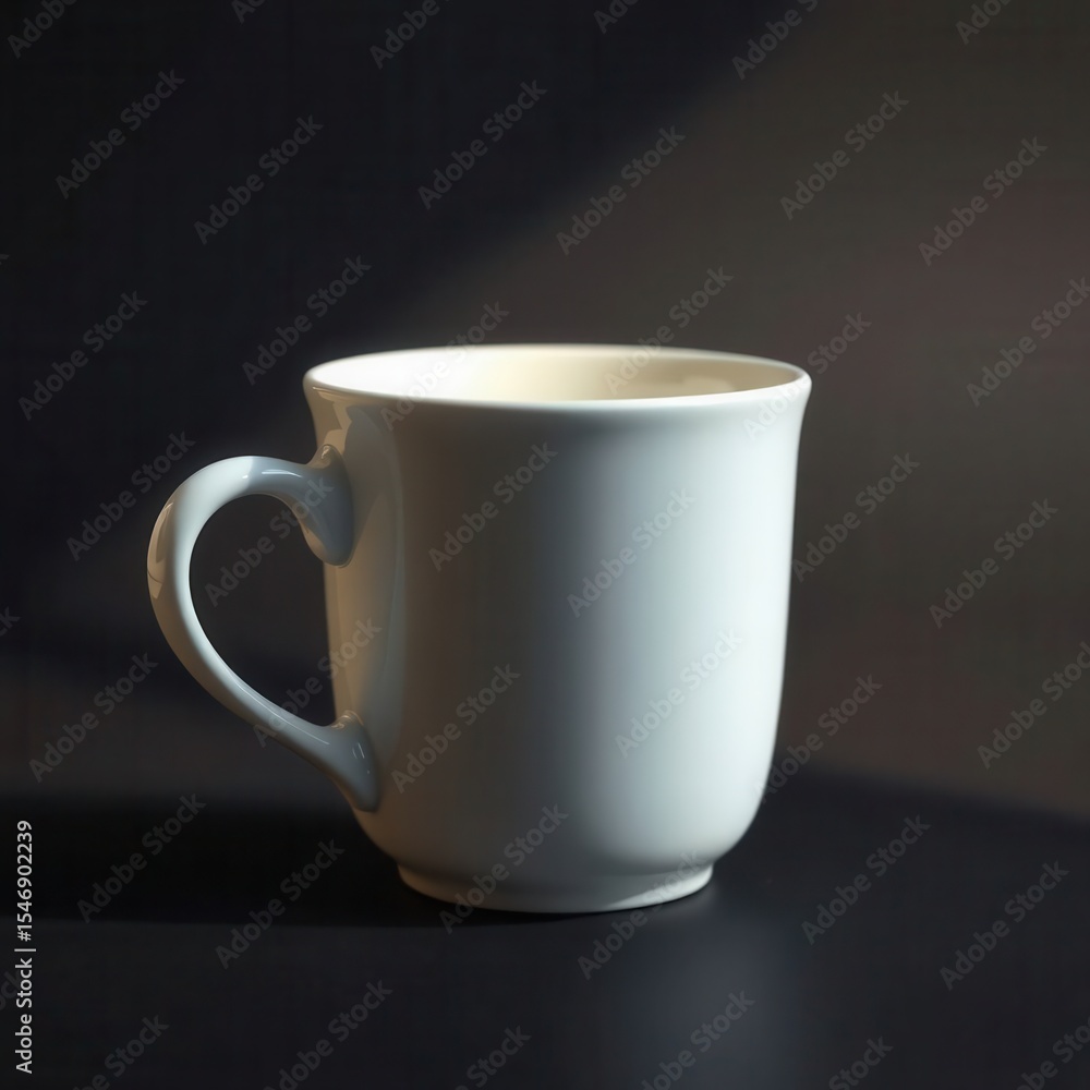 Fototapeta premium A simple, elegant white mug sits on a dark surface, softly illuminated by a gentle light source.