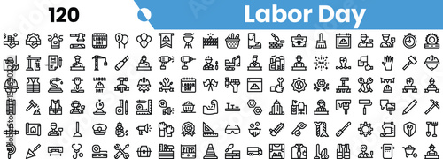 A diverse collection of Labor Day-themed icons, featuring tools, workers, celebrations, and elements representing various professions.