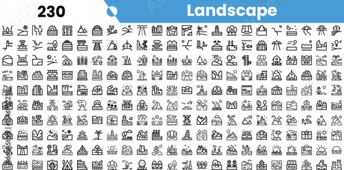 A diverse collection of landscape icons showcasing natural and urban elements in a minimalist black-and-white style.