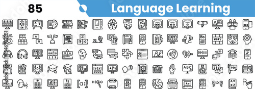 A diverse collection of language learning icons, featuring various tools and concepts for effective communication and education.