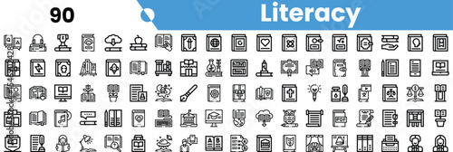 A collection of educational icons representing literacy concepts, featuring books, reading, writing, and digital learning tools.