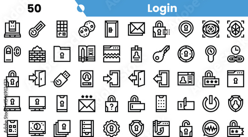 A diverse collection of minimalist login icons, featuring security elements, data exchange symbols, and user interface designs in a sleek black outline style.