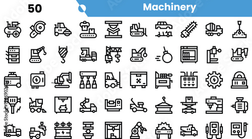 A diverse collection of machinery icons, showcasing various tools and equipment used in industrial settings.