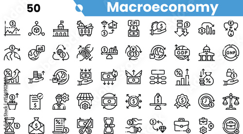 A collection of black and white icons representing various macroeconomic concepts such as currency, market trends, and inflation.
