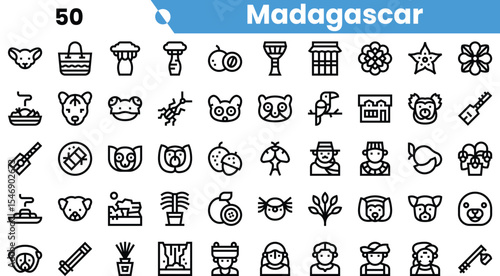 A vibrant collection of icons representing Madagascar's unique wildlife and culture, featuring playful designs of animals and local landmarks.