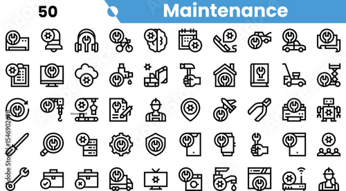 A diverse collection of maintenance-themed icons featuring tools, equipment, and settings for various repair tasks.