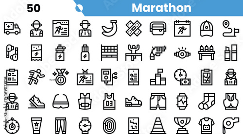 Collection of marathon-themed icons including runners, sports gear, and hydration essentials.
