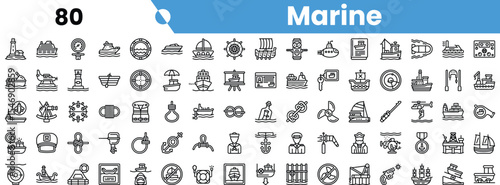 A collection of marine-themed icons in black and white, showcasing various maritime elements such as ships, lighthouses, and fishing gear.