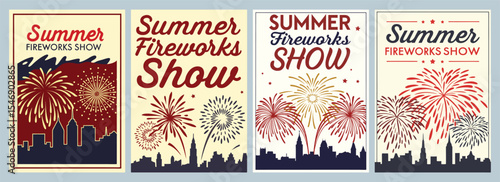 Vibrant Summer Fireworks Show Poster Designs in Bold Red White and Blue Themes