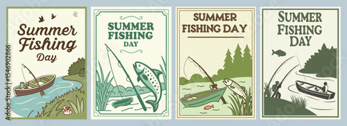 Vintage Summer Fishing Day Posters Showcasing Scenic Landscapes and Boats in Stunning Designs