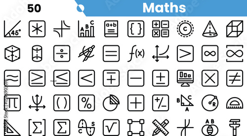 A collection of black and white mathematical symbols and icons, showcasing various concepts in math, ideal for educational materials.