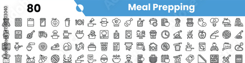 A collection of minimalistic, black-and-white icons representing various aspects of meal prepping, including ingredients, cooking tools, and containers.
