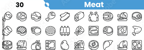 A collection of meat icons in a minimalist line art style, showcasing various cuts and types of meat including chicken, beef, and sausage.