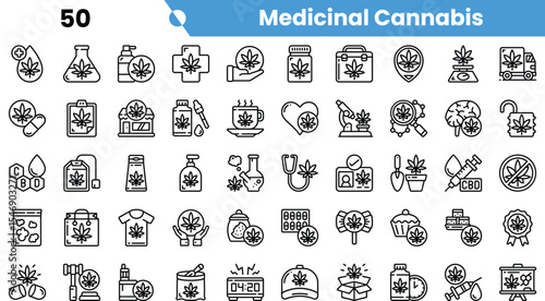 Collection of medicinal cannabis icons featuring various products and tools in a clean, minimalist style.