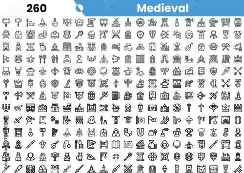 A collection of medieval-themed black and white icons showcasing various symbols of the era.