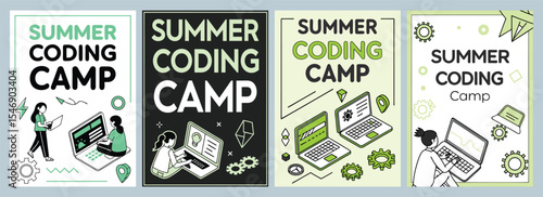 Vibrant Summer Coding Camp Posters Featuring Illustrated Campers and Technology Designs