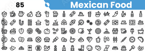 Collection of black and white icons representing various Mexican food items, showcasing a vibrant culinary culture.