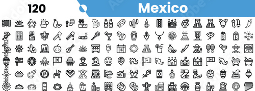 A diverse collection of black and white icons representing cultural symbols, attractions, and traditions of Mexico.