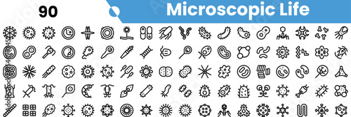A diverse collection of icons representing microscopic life forms, including bacteria, viruses, and protozoa, designed for educational purposes.