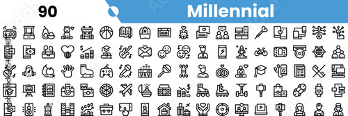 A diverse collection of icons representing millennial themes and activities, including technology, education, and social interactions.