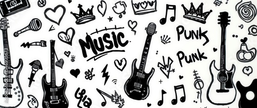 Music themed doodles featuring guitars, hearts, crowns, musical notes, and the word 