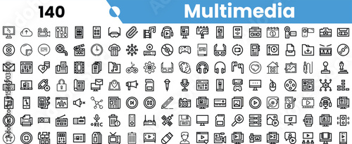 A collection of multimedia icons illustrating various technology and communication devices in a sleek black and white design.