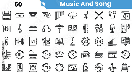A collection of various music and song icons in a minimalist black and white design, perfect for creative projects.