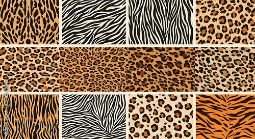 Various animal print patterns including leopard zebra and tiger arranged in a tiled composition style