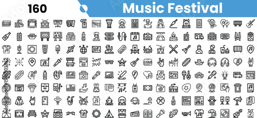 Variety of black and white icons representing music festival elements, including instruments, stages, and audience.