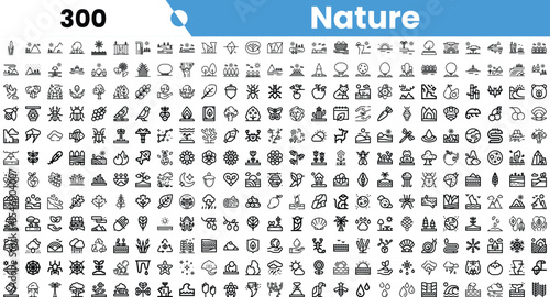 A collection of simple line icons representing diverse aspects of nature, including flora and fauna, landscapes, and natural phenomena.