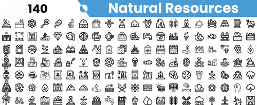A collection of icons representing various natural resources, including water, minerals, and plants in a clean, minimalistic design.