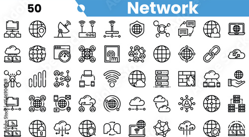 A collection of diverse network-themed black and white icons representing technology and connectivity.
