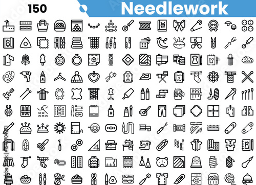 A collection of needlework icons, showcasing various tools and techniques of sewing, crafting, and embroidery.