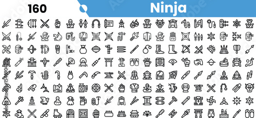 A diverse collection of ninja-themed icons, featuring weapons, symbols, and iconic elements associated with ninja culture.