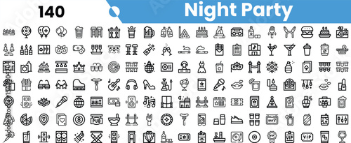 A vibrant collection of icons representing various elements of a night party, including food, drinks, and entertainment.