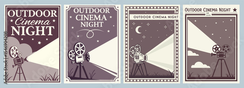 Vintage Outdoor Cinema Night Posters Showcasing Classic Film Projectors Unique Designs for an Unforgettable Movie Experience