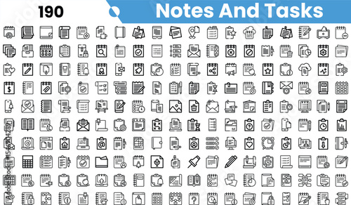 A comprehensive collection of black and white icons representing notes, tasks, and reminders suitable for digital projects.