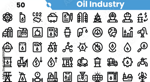 A collection of diverse black and white icons representing various aspects of the oil industry, including extraction, refinement, and environmental elements.