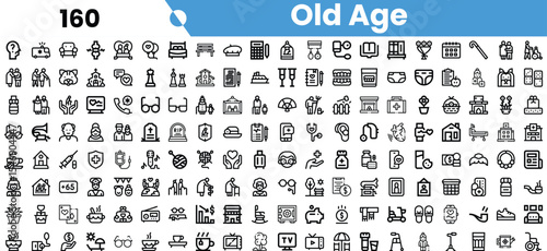 A diverse collection of icons representing old age, showcasing elements like leisure, health, and daily activities in a minimalist design.