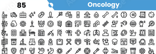 A detailed collection of oncology-related icons showcasing cancer research, treatment, and awareness symbols in a clean, minimalist style.