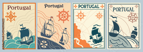 Vintage Illustrations of Portugal Sailing Ships Nautical Symbols and Elegant Patterns in Muted Colors Poster Collection