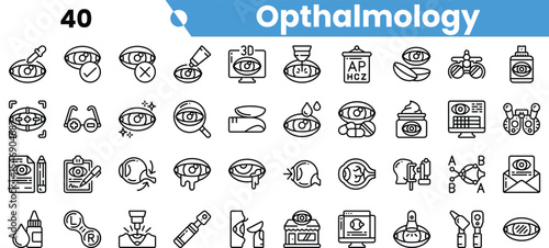 A diverse collection of ophthalmology icons featuring eye care tools, procedures, and digital applications in a clean, modern design.