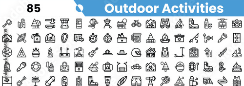 A diverse collection of outdoor activity icons, featuring various sports and leisure activities in a minimalist style.
