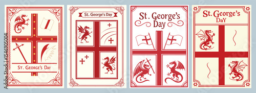 Celebrate English Heritage with Vibrant Saint George's Day Cards Featuring Symbolic Crosses and Dragons in Red and Cream a Set of Four Decorative Posters
