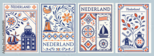 Vibrant Dutch Art Poster Celebrating Traditional Symbols of the Netherlands with Bold Colors Featuring Windmills Flowers and Ships