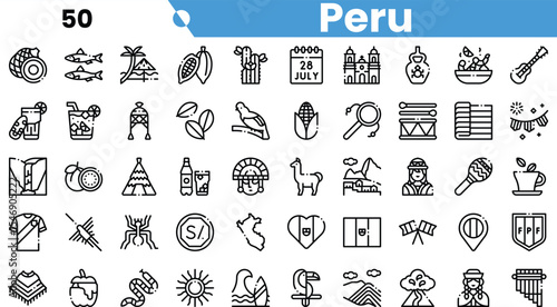 A collection of illustrated icons representing Peru's culture and heritage, featuring traditional foods, wildlife, and festive symbols.