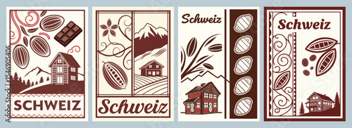 Swiss Chocolate Journey Illustrated Cocoa Mountains and Rustic Homes in Warm Hues Poster Designs