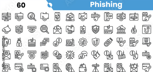A collection of line icons representing phishing concepts including emails, alerts, and security symbols.