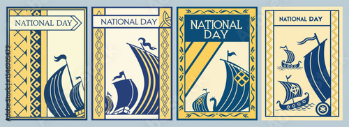 Artistic Celebration of National Day Four Card Collection Featuring Blue and Gold Ship Illustrations Evoking Festive Historic Atmosphere in Stunning Poster Designs