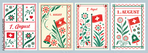 Vibrant August 1st Celebrations Four Colorful Illustrations of Swiss Flags Floral Designs and Decorative Elements in Bold Reds and Greens Poster Collection